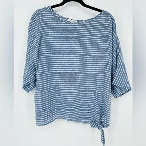 Beachlunchlounge Striped Linen Blend Short Sleeve Tie Top Medium